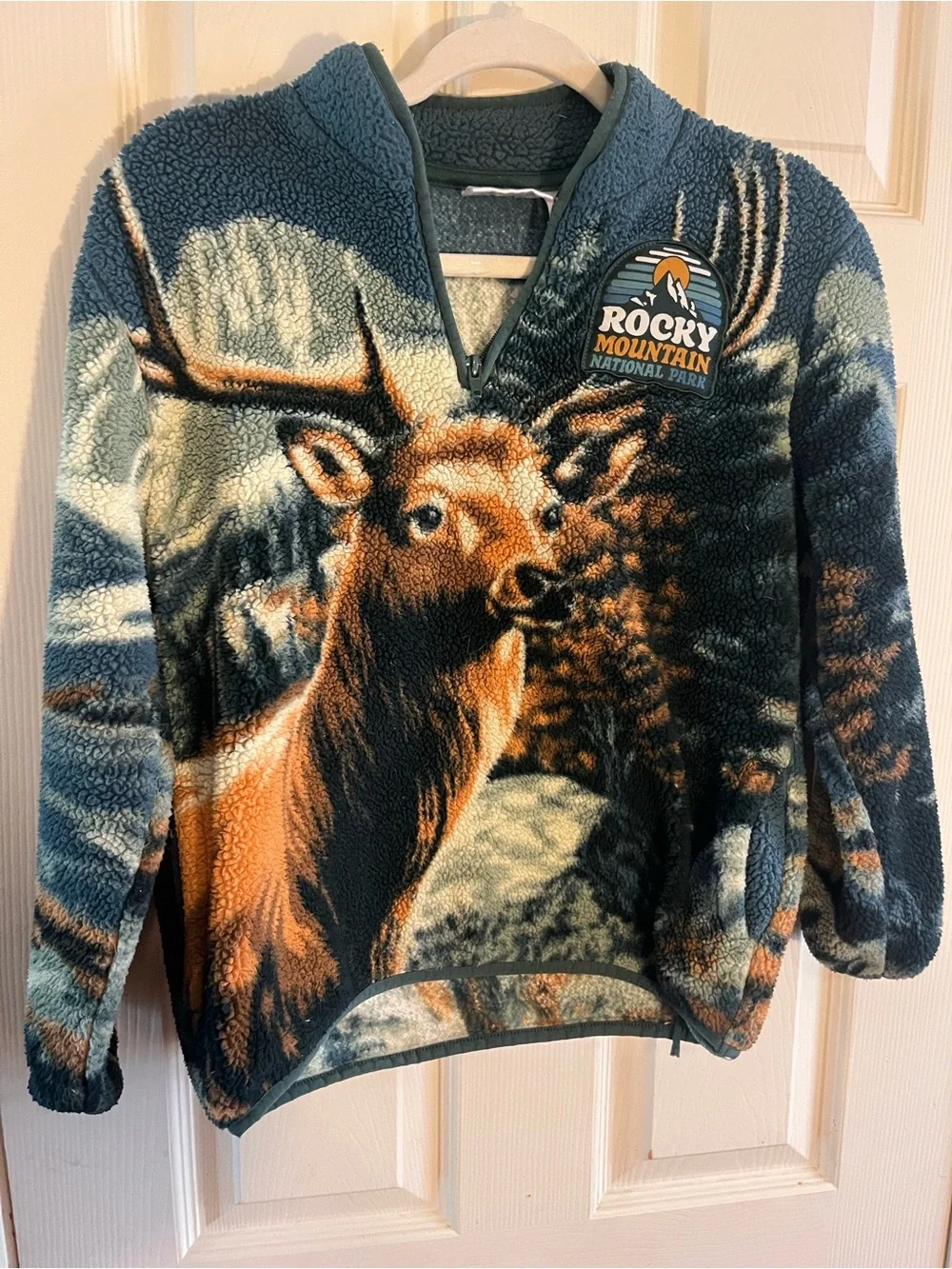 National Park Pullover Jacket Kids 10/12 Fleece 1/4 Zip Rocky Mountain Elk Print